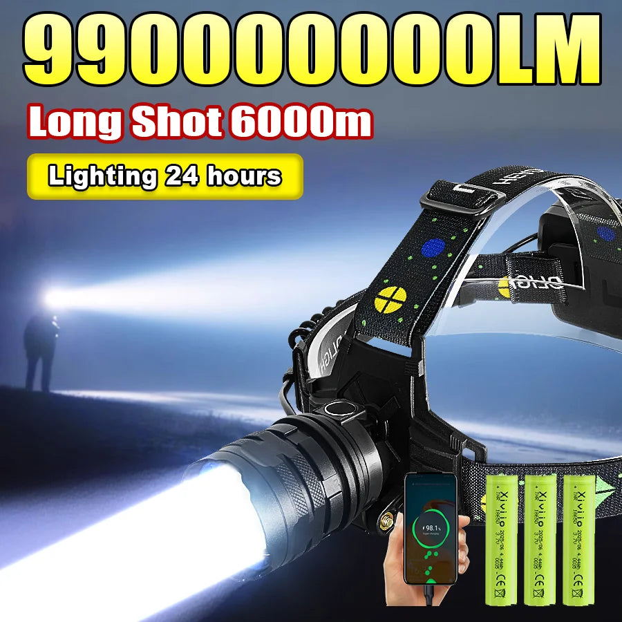 NEW 990000000LM High Power LED Headlight Ultra Bright Head Torch Long Range 6000M Head Flashlight 18650 Camping Fishing Lantern